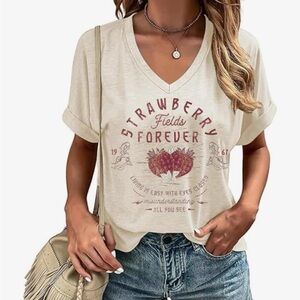 Strawberry Fields Forever Cream V-Neck Graphic Tee
